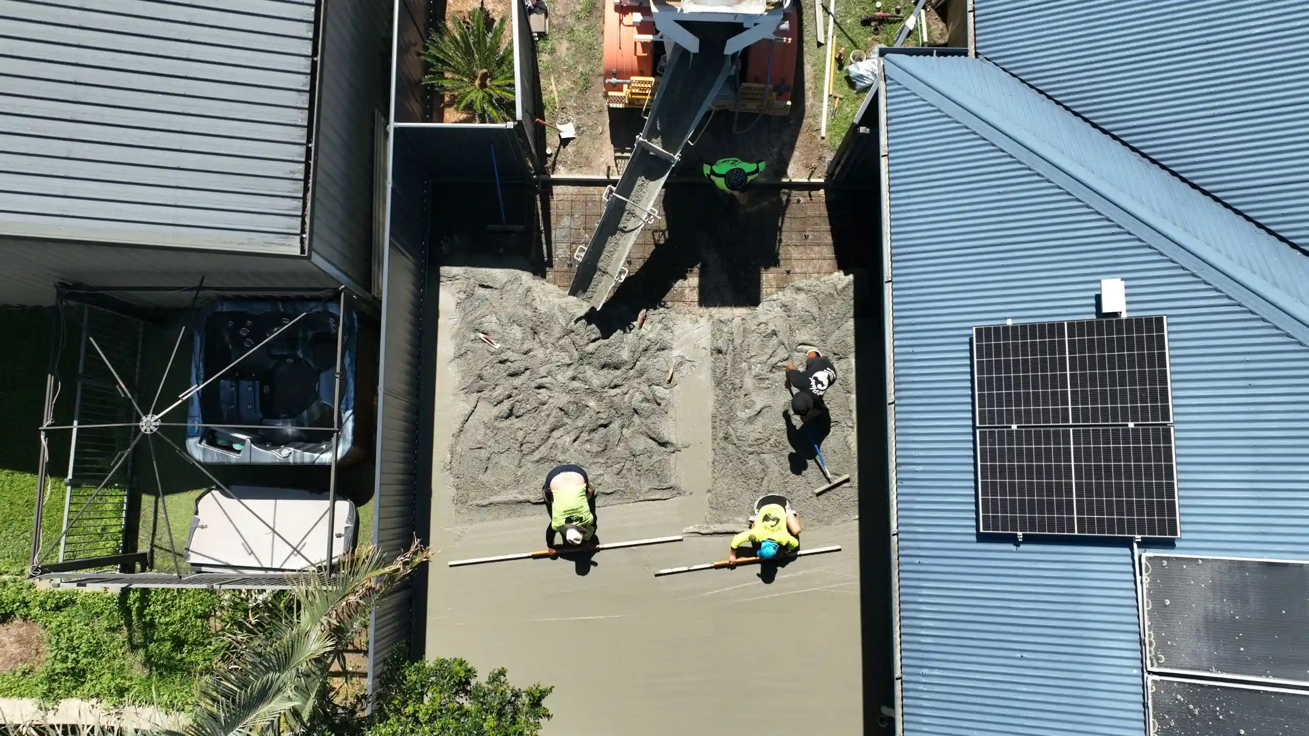 An aerial photograph of a concrete pour in progress, flown by Red Ox Digital