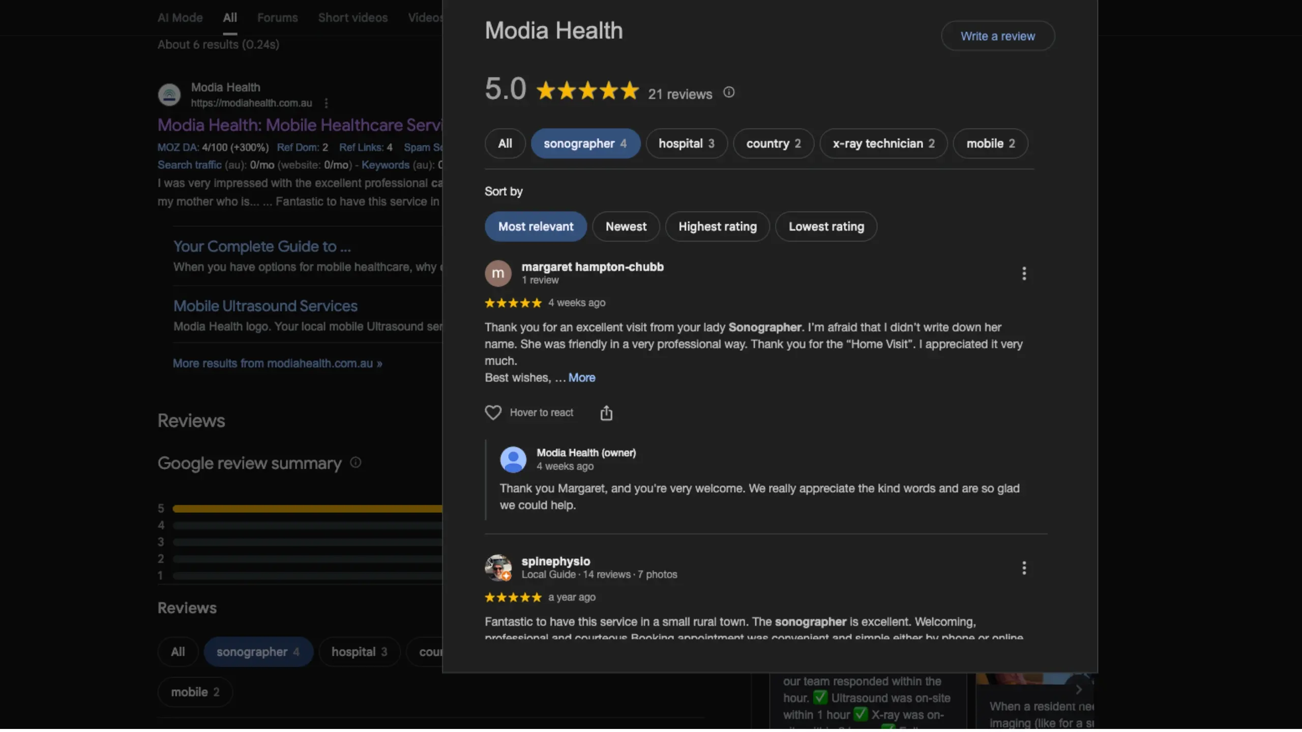 Google Reviews showing real client results and 5-star ratings