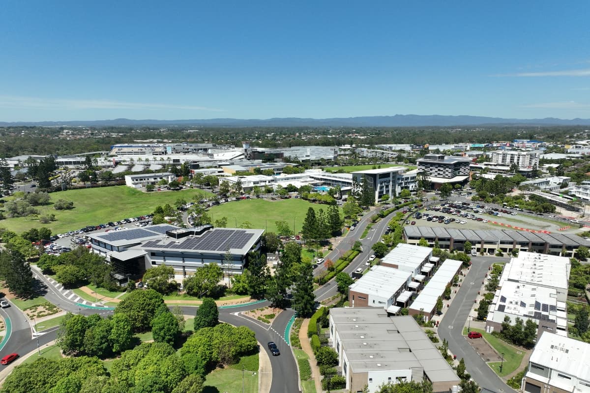 Aerial view over the North Lakes town centre in Moreton Bay, flown by Red Ox Digital
