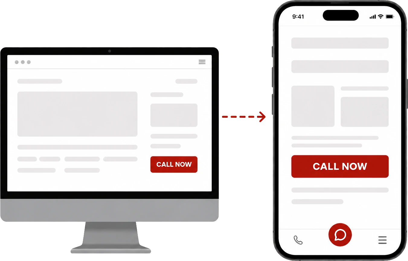 The same website shown twice: on a desktop monitor the call button is a small box tucked into the corner, and on a phone it is a full-width red button with a tap-to-call bar underneath.